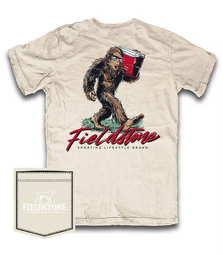Cream Fieldstone men's tee with Bigfoot carrying red  cooler graphic.