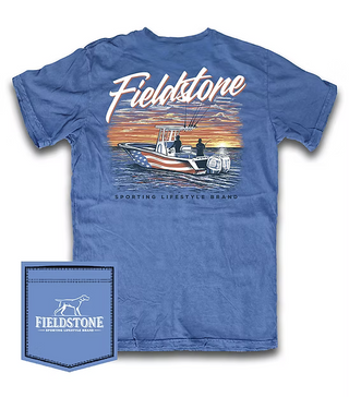 Blue short sleeve tee shirt with front logo pocket and graphic design on the back. 