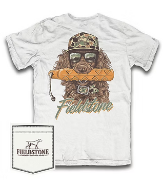 Cream Fieldstone men's tee with duck hunting dog graphic wearing camo hat and sunglasses.