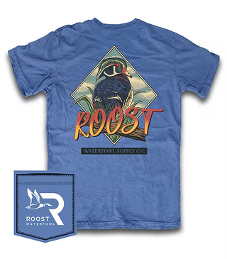 Roost Waterfowl blue tee featuring wood duck graphic on back.