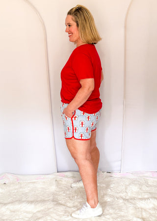 Blue and white stripe lobster print athletic shorts with red trim