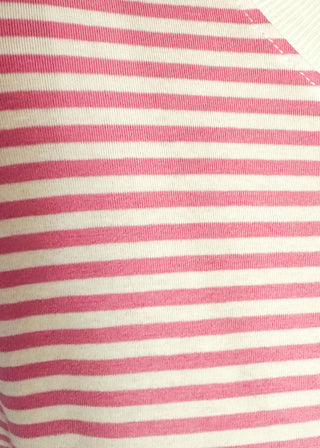 close up of pink and white stripe short sleeve top with white contrast banding on the collar and sleeves. 