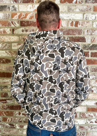Back of man modeling Burlebo thermal hoodie