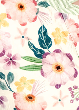 close up of women’s floral blouse with button front detail and green striped contrast accents