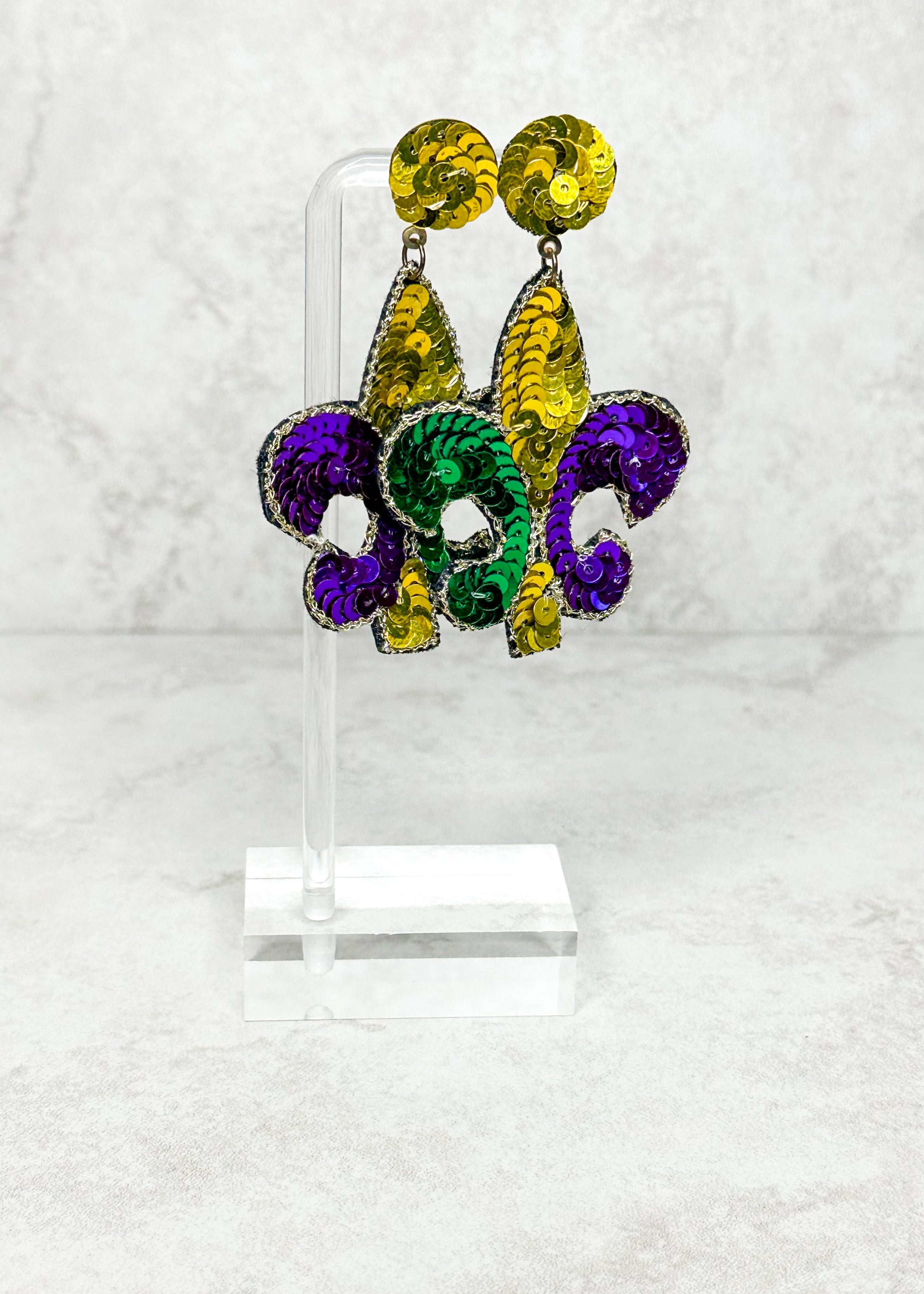 Fleur de lis sequin post back earrings.&nbsp;