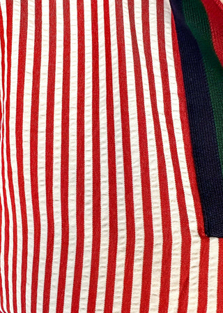Short sleeve vertical brick red stripes with V-neck ribbon collar.