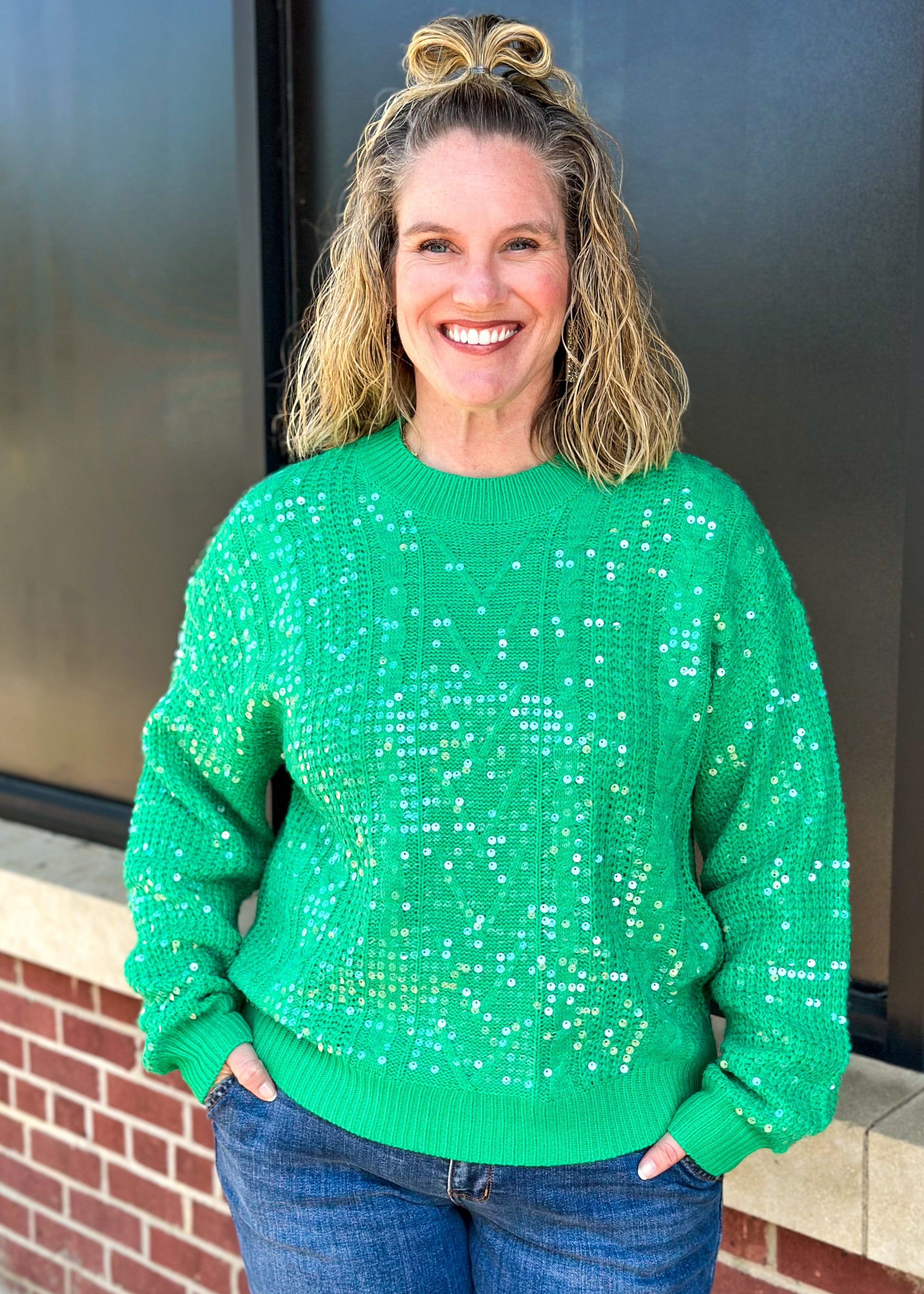 clear sequin long sleeve crew neck knitted green sweater