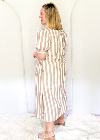 Vertical stripe midi dress with puff sleeves and front buttons