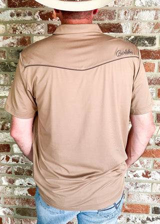 tan western style polo w/pearl snaps, front pocket on left side and embroidered ducks on either shoulder