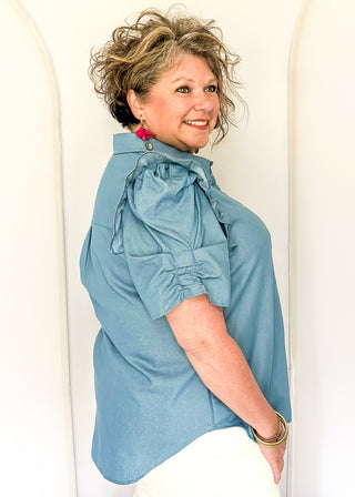 Chambray collared puff sleeve button up blouse