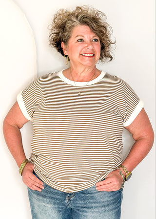 mocha and white striped short sleeve top with white banding on sleeve and collar. 