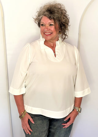 Women's ruffle collar blouse with 3/4 sleeve- in off white