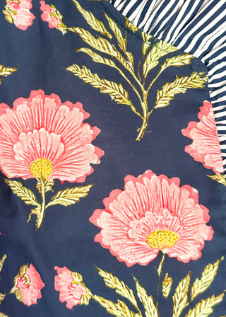 Navy floral puff sleeve blouse with pink oversized floral print and striped contrast trim along the neckline and front placket.