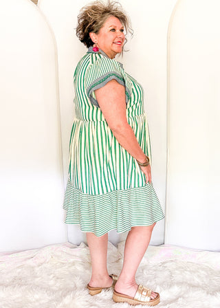 Green striped short sleeve dress with denim contrast on collar and sleeves. 