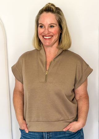 Cocoa brown scuba fabric athleisure top with zip detail and modern silhouette