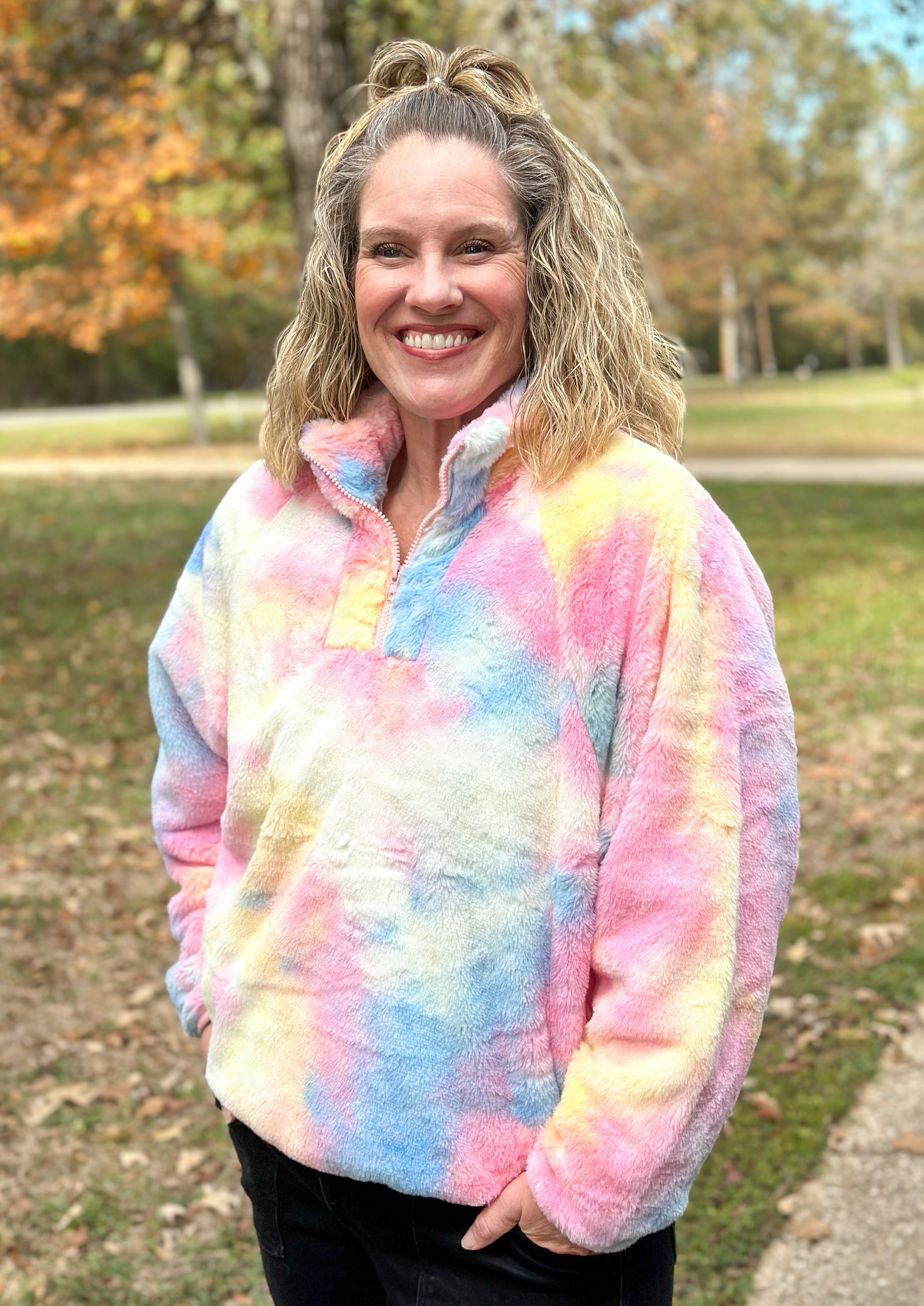 Tie-Dye Faux Fur Half Zip Sweater Pop
