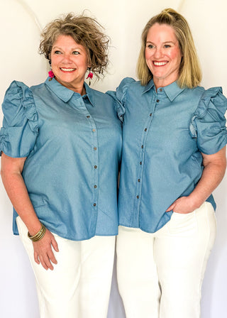 Chambray collared puff sleeve button up blouse