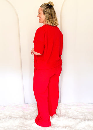 Two piece ribbed outfit in Red featuring boxy top and wide leg pants