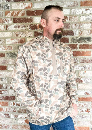 Camo 1/4 Zip jacket with pockets and hood.