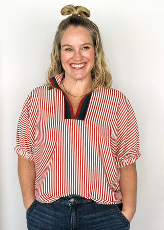 Short sleeve vertical brick red stripes with V-neck ribbon collar.