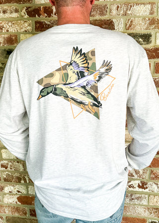 mens ash gray long sleeve tee with a flying duck on front left pocket and larger image on the back