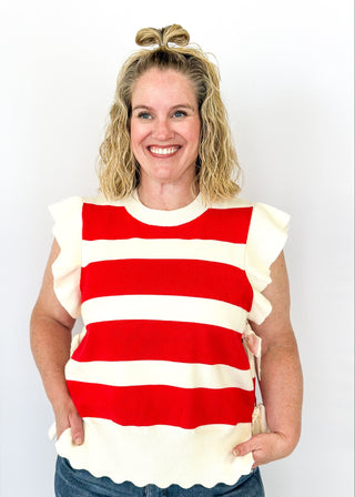 Red and cream stripe ruffle sleeve sweater. 2 Cream ribbon ties on each side.