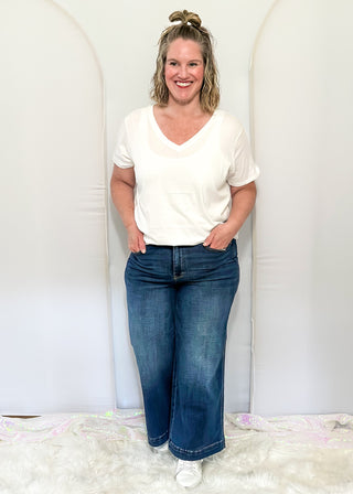 Judy Blue high-waisted ankle jeans in a classic dark wash denim.