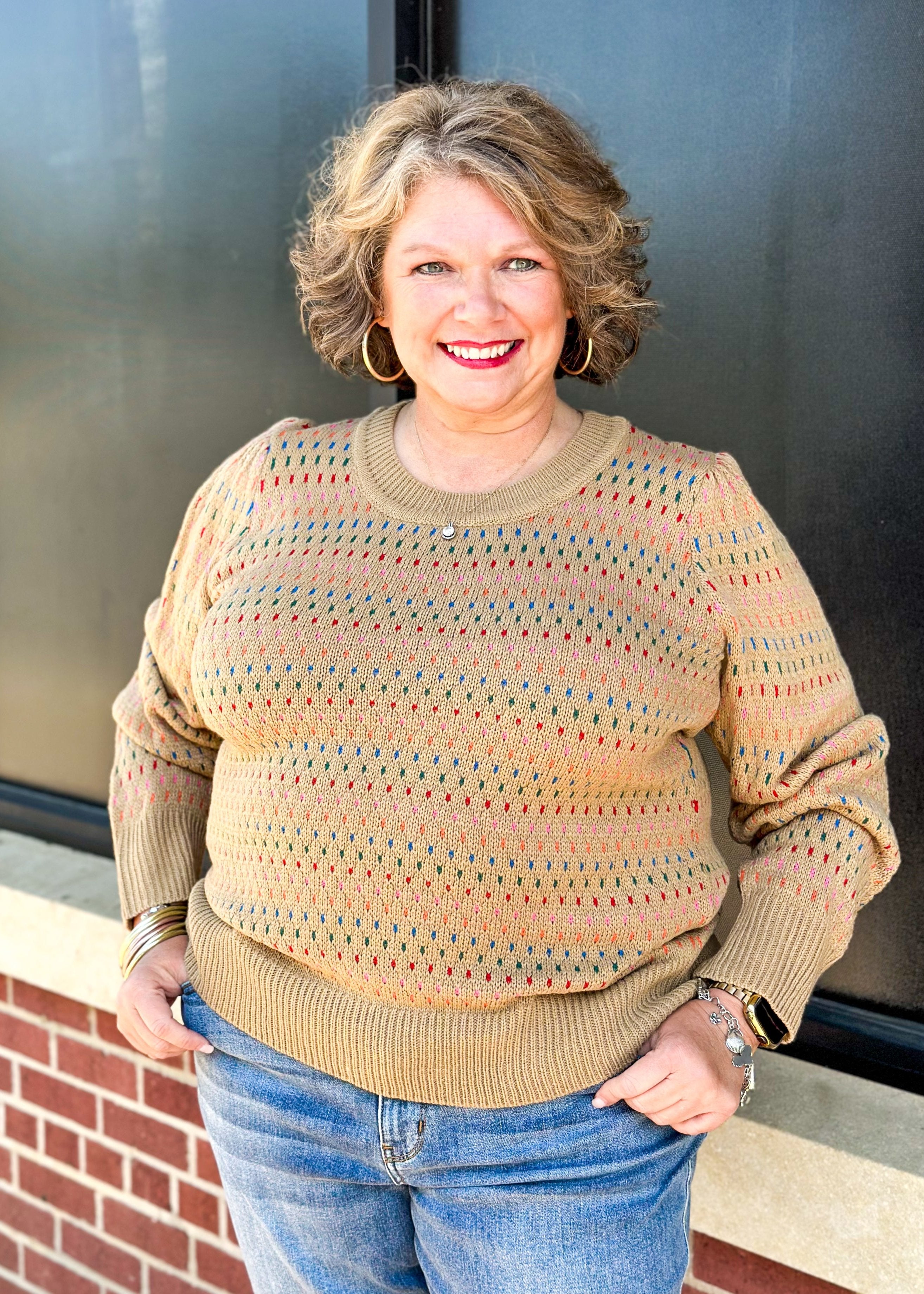 khaki long sleeve sweater with multi color dotted lines