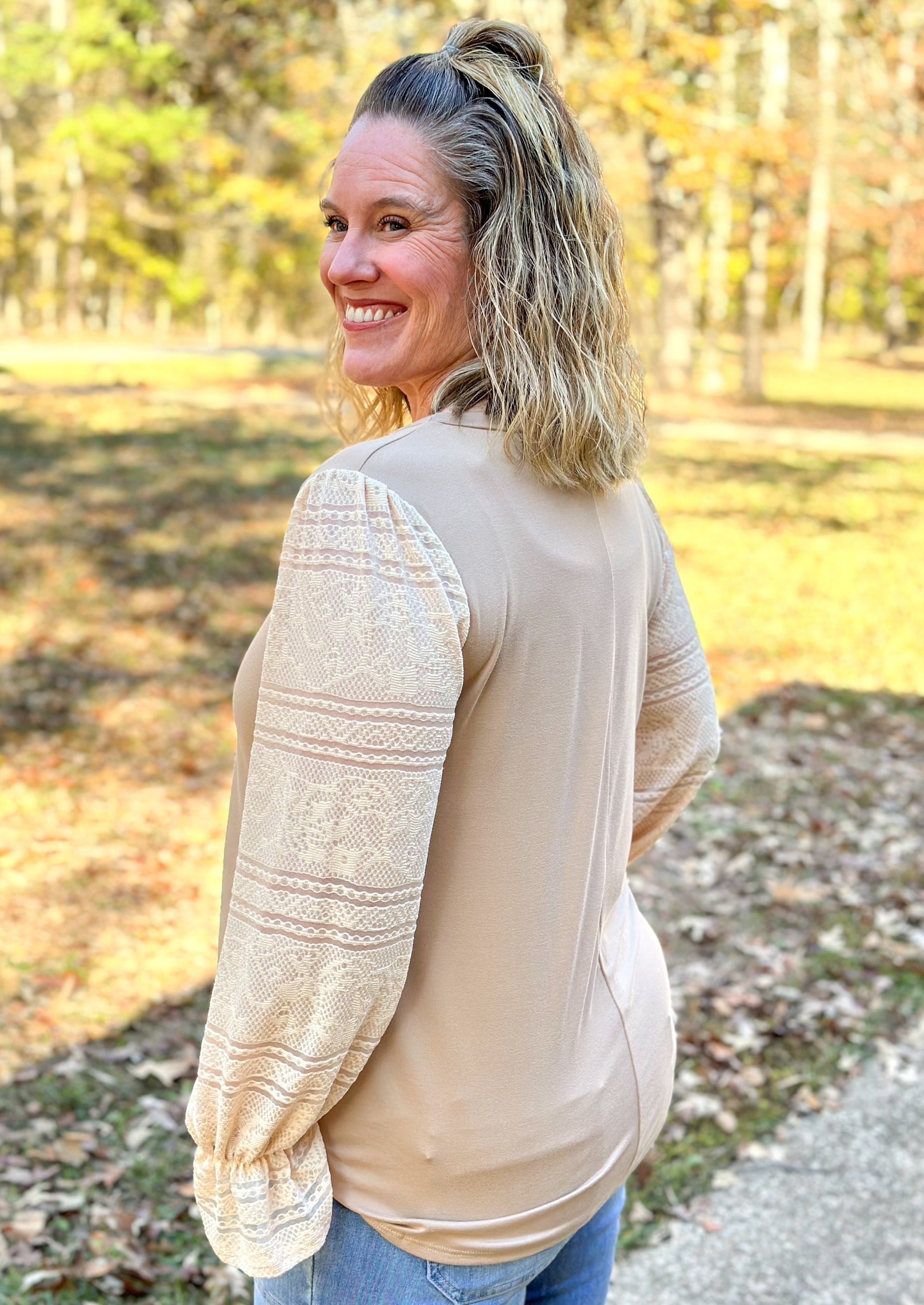 Jacquard Lace Puff Sleeve Knit Top - Taupe