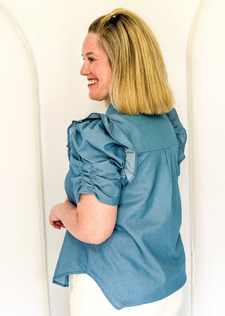 Chambray collared puff sleeve button up blouse