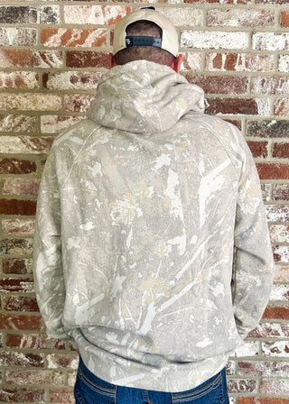 back of man modeling Burlebo Camo Hoodie