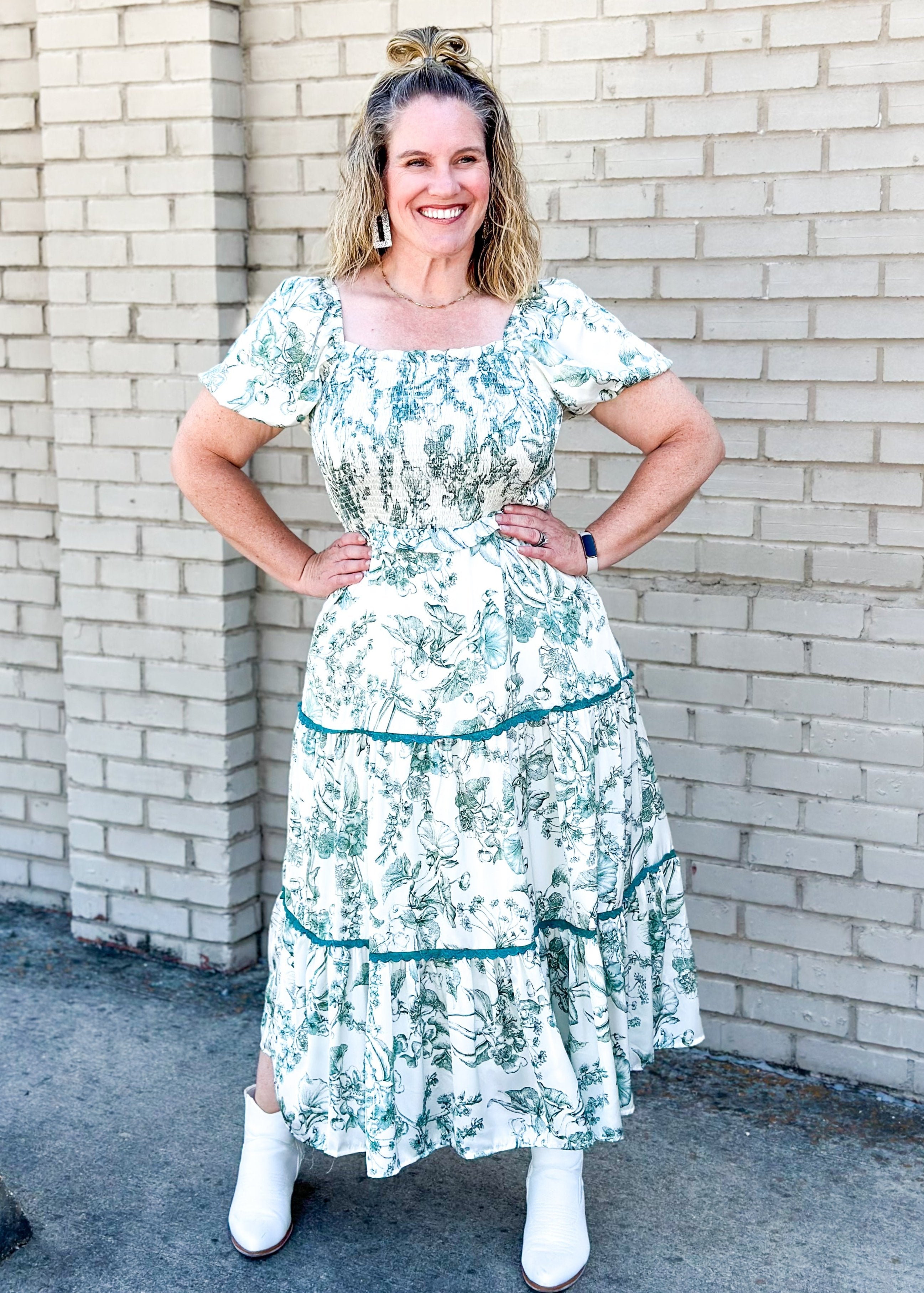 satin feel maxi short sleeve dress with scallop trim detail around 2 bottom tiers, smocked front