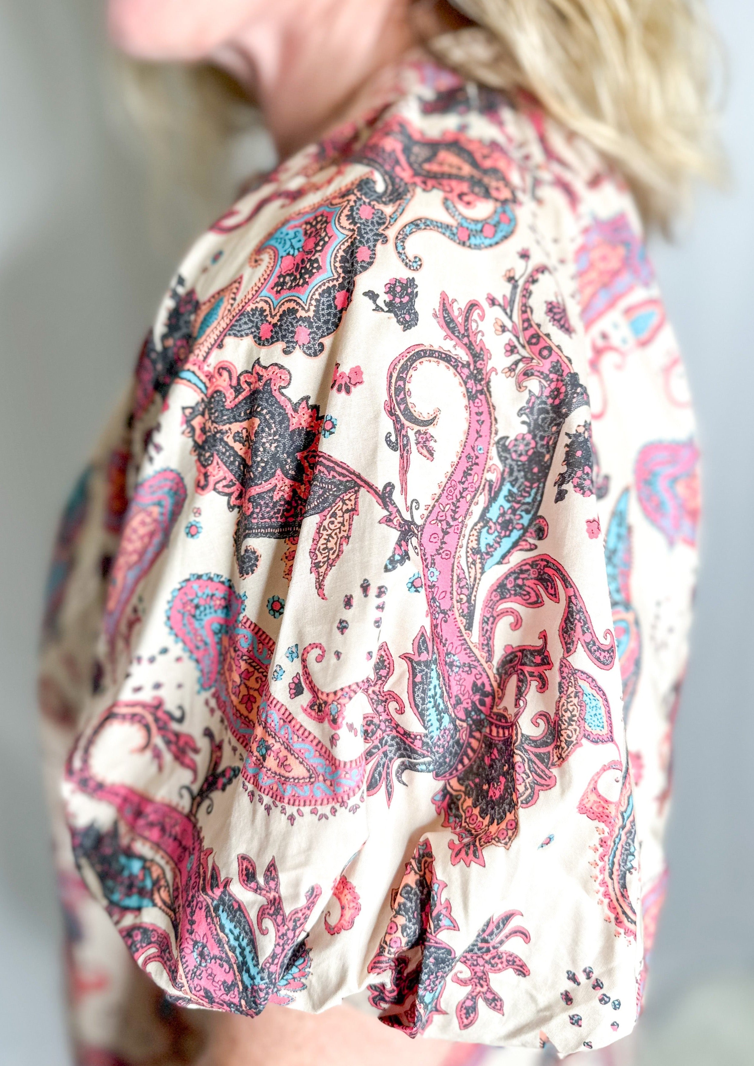 Close up of sleeve Taupe Paisley Button Up Blouse