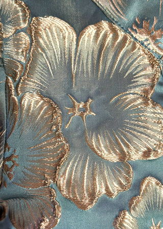 close up of jacquard floral puff sleeve top in Gold Marine.
