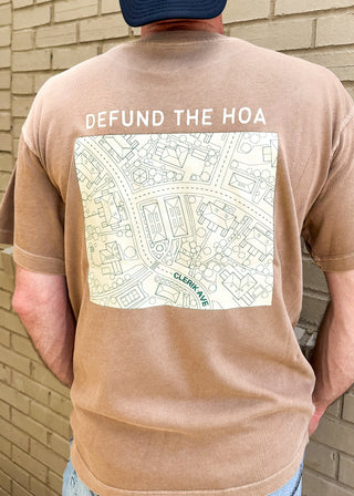 Men's heavyweight tan tee with "Defund the HOA" and street map printed on the back.  Short sleeve. 