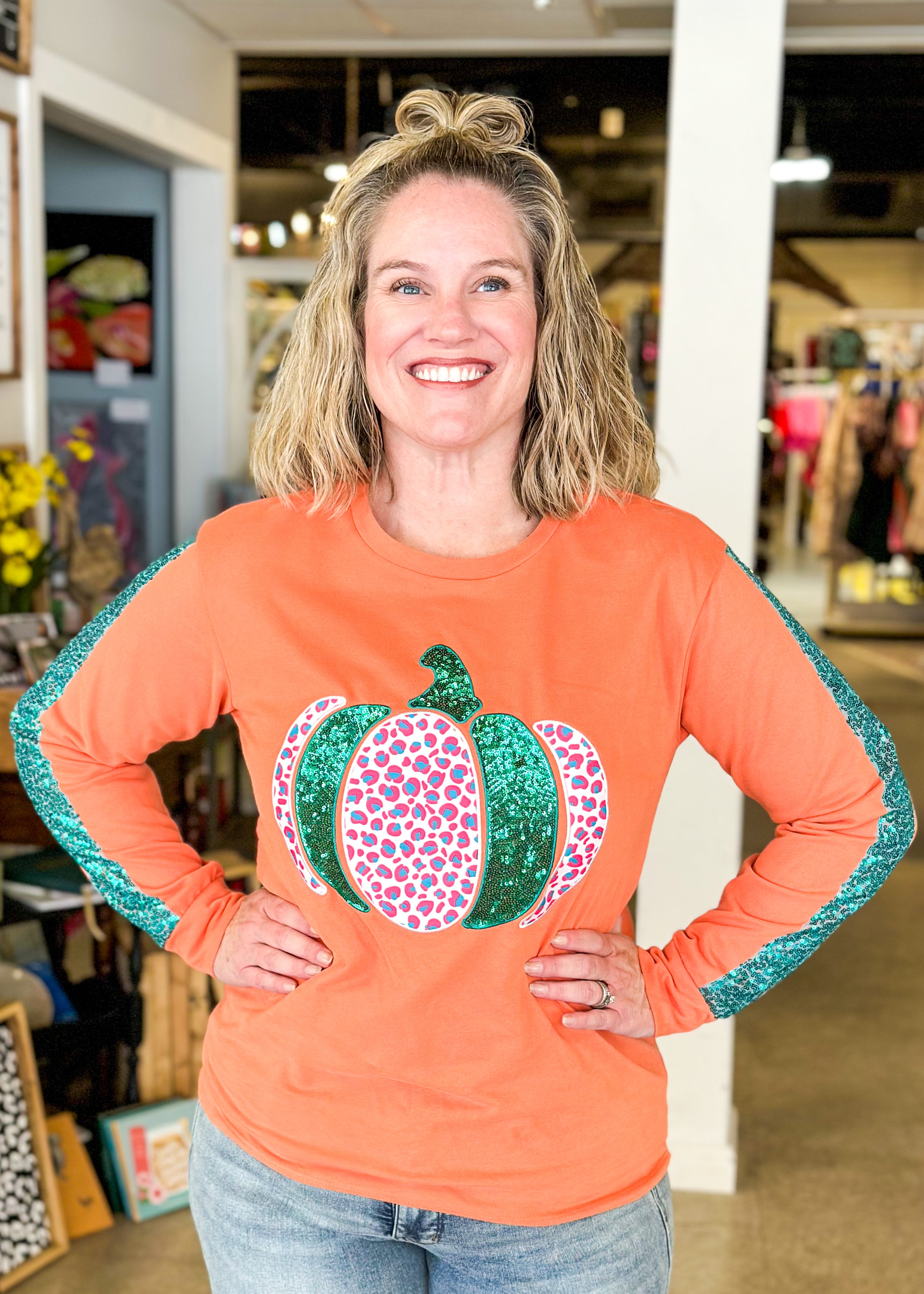 Pumpkin Sequin Long Sleeve Top