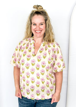 blush floral v-neck top with puff short sleeves