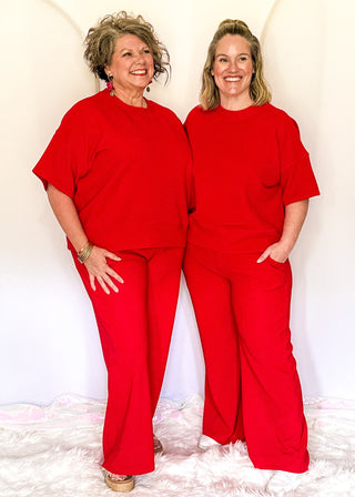 Two piece ribbed outfit in Red featuring boxy top and wide leg pants