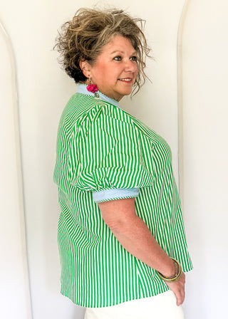 Striped button-down top with V-neckline, short puff sleeves, and contrast trim detailing