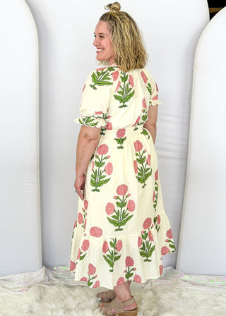 cream maxi dress with pink hydrangeas - short sleeve with ruffle and elastic - smocked waist - bottom ruffle 