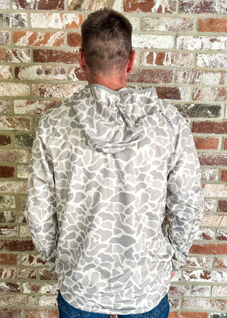 Back of man modeling Blaze Tech camo 1/4 zip.