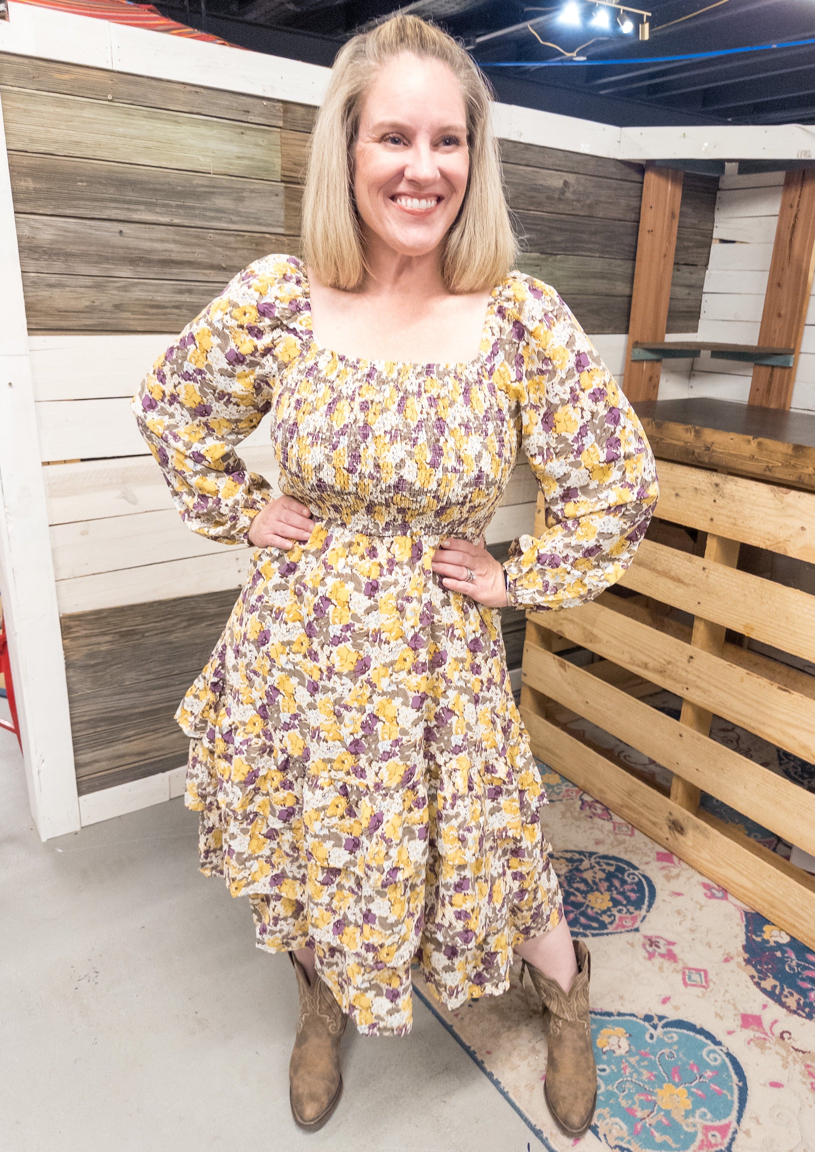 Purple and Yellow Floral Smocked Midi Dress