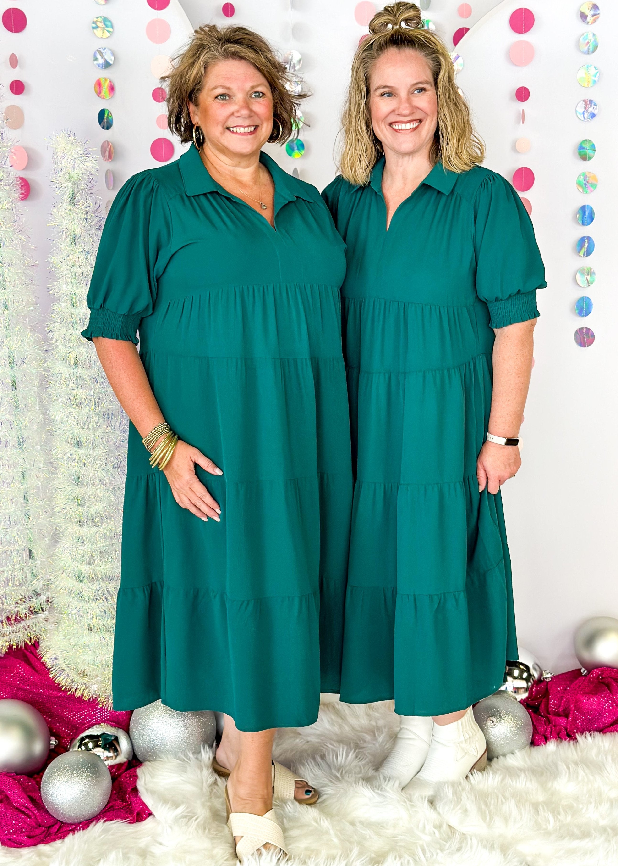 short sleeve tiered midi dress in forest green - collar and smocked arm band