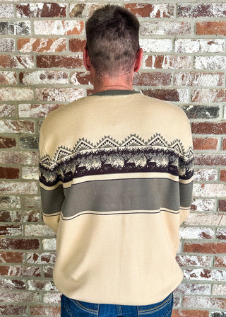 Back of man modeling Burlebo sweater