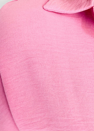 close up of Candy Pink collared top with v-neckline 