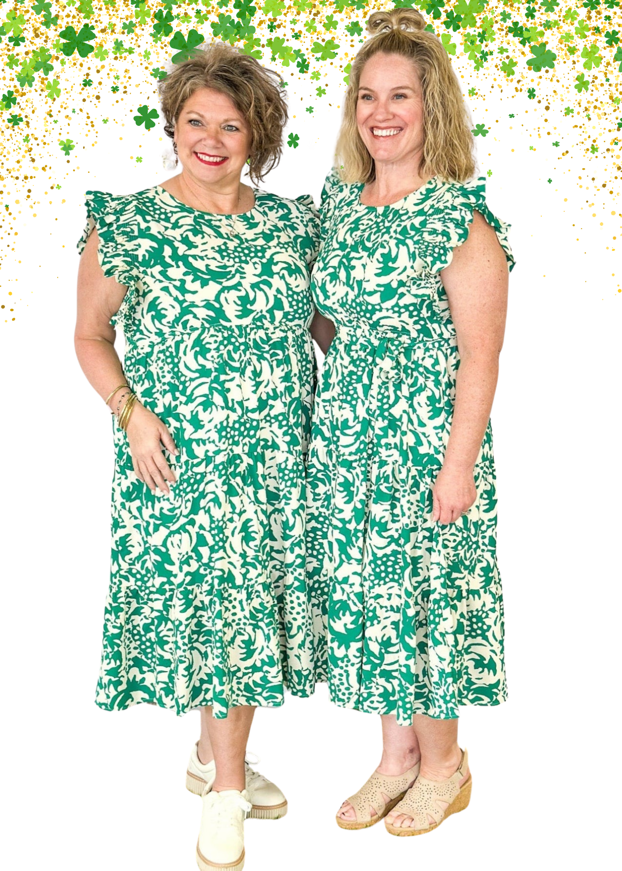 Kelly Green and white midi dress with pockets- ruffle sleeve with round neckline.  