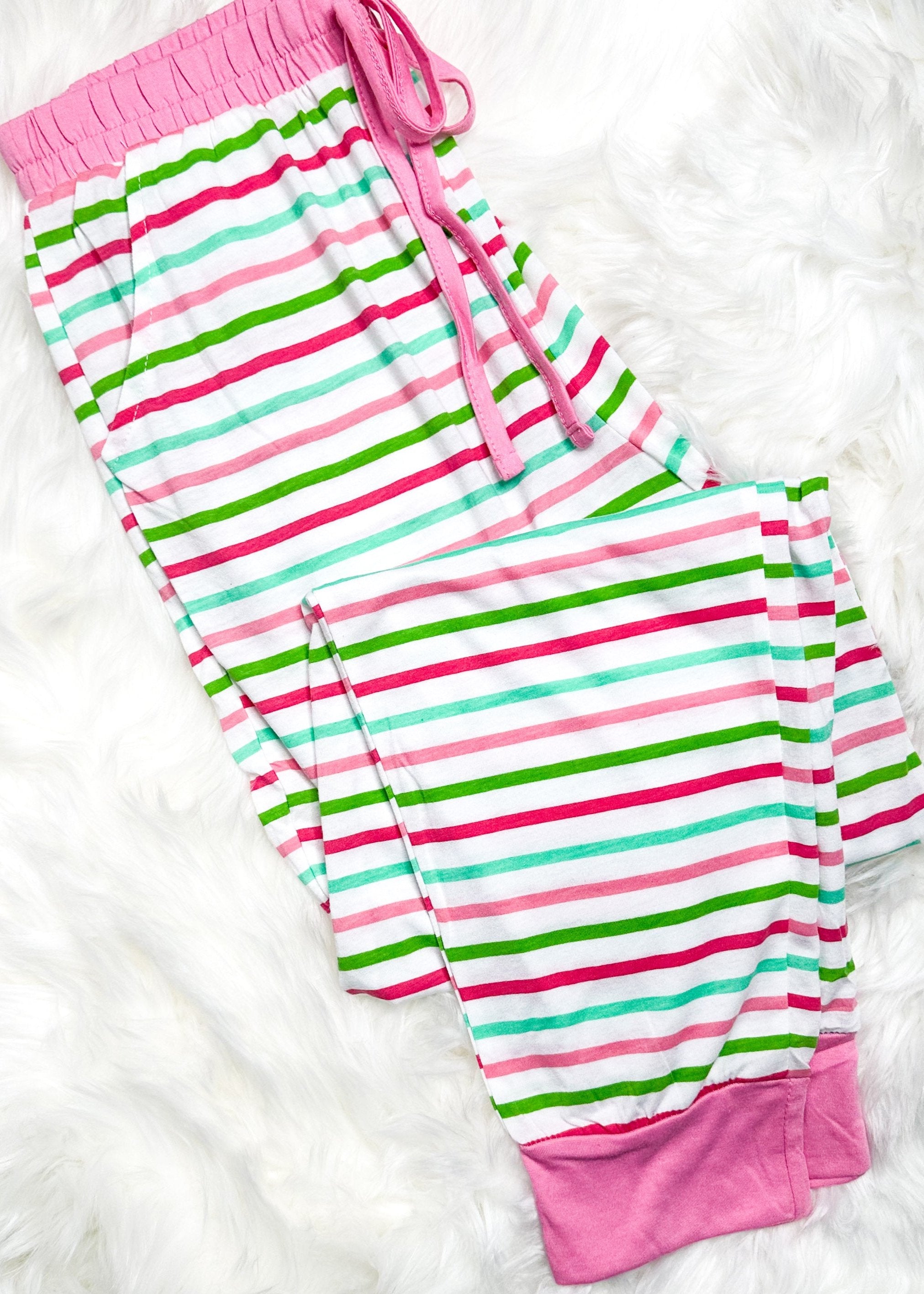 pink, white, green, blue striped jogger pajama pants w/tie waist and pockets, pink band at ankle