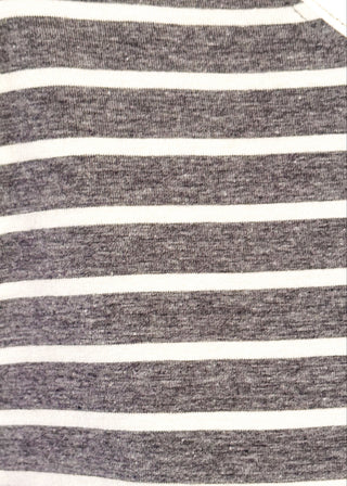 close up of wide striped top with cuffed sleeves, and white banded rounded neckline.