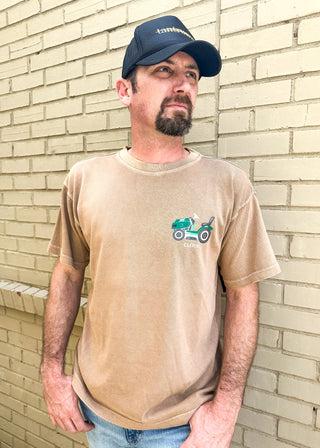 Men's heavyweight tan tee with "Defund the HOA" and street map printed on the back.  Short sleeve. 