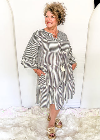 3/4 sleeve striped dress with ruffle cuffs and tiered skirt